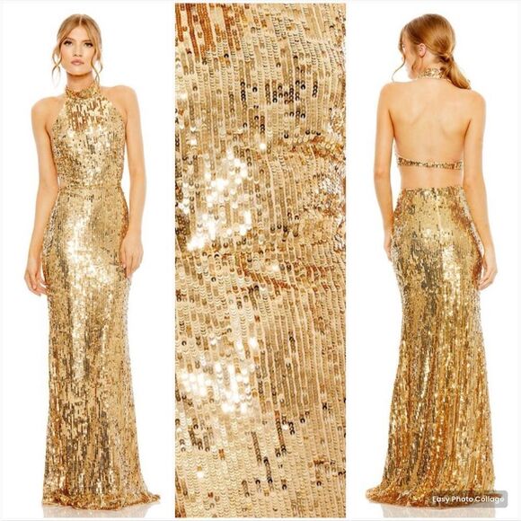 MAC DUGGAL 93976 Gold Open Back High Neck Sequin Gown Dress - Picture 1 of 15